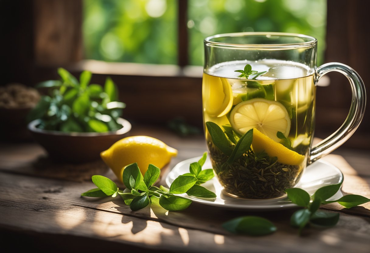 A steaming cup of FitTea Detox Tea sits on a rustic wooden table, surrounded by fresh green herbs and vibrant lemons. Sunlight streams through a nearby window, casting a warm glow on the scene