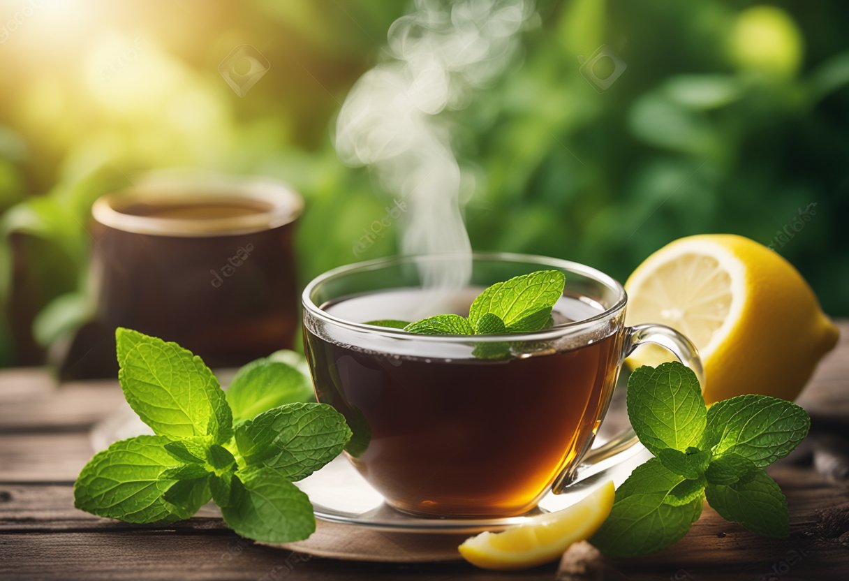 A steaming cup of sugar detox tea sits on a rustic wooden table, surrounded by fresh mint leaves and lemon slices