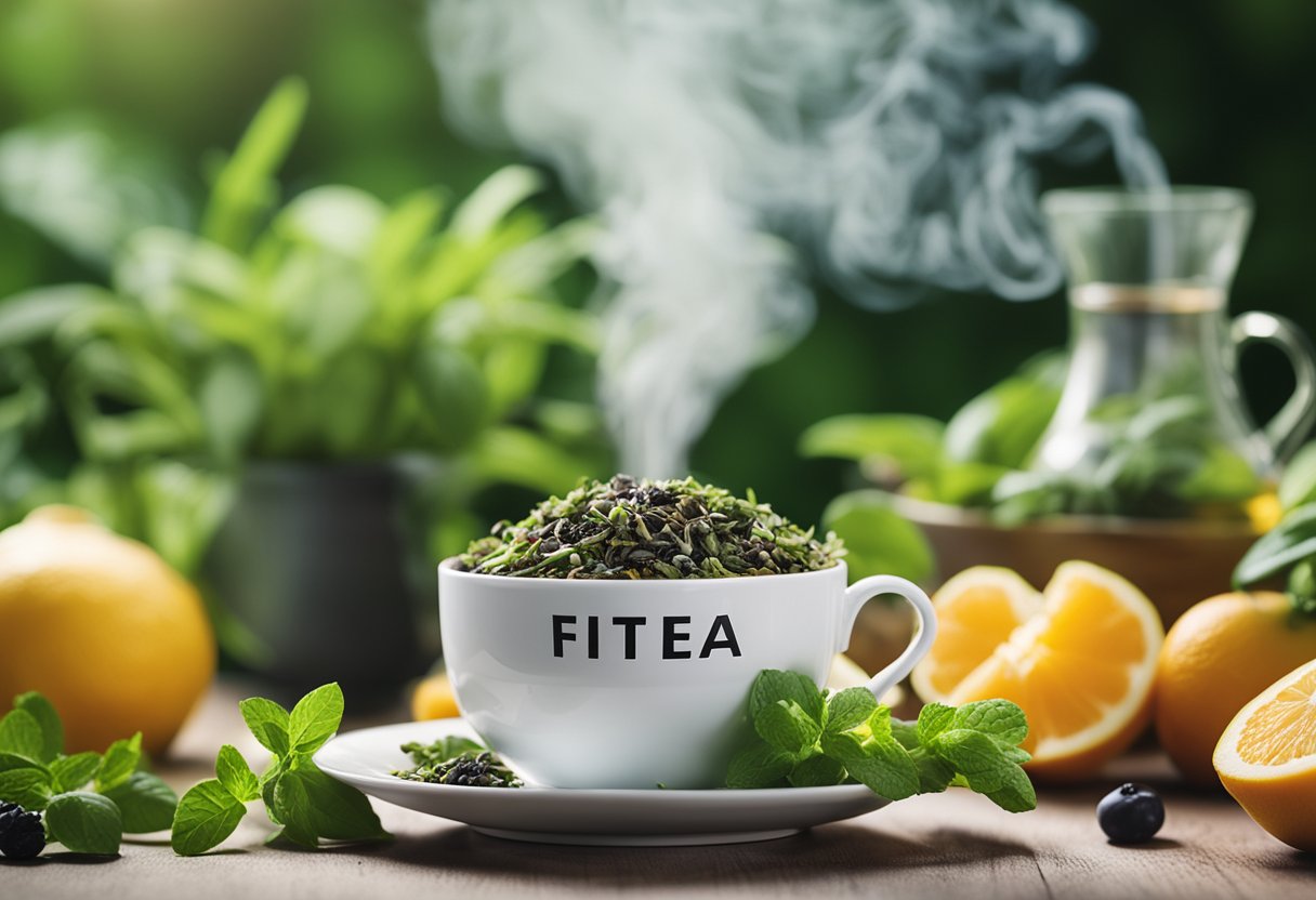 A teacup sits on a table with steam rising from it, surrounded by fresh herbs and fruits. A label on the teacup reads "FitTea Detox Tea."