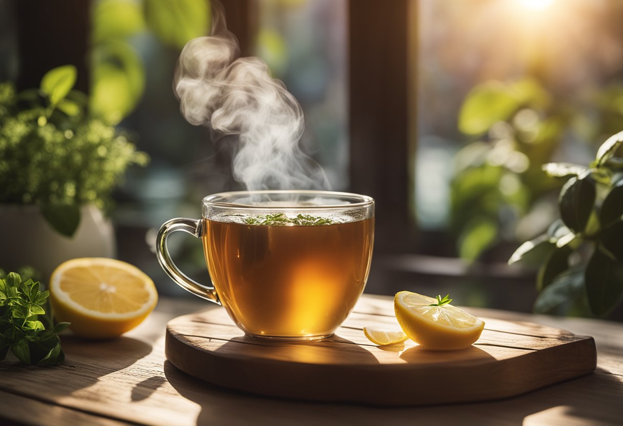 A steaming cup of sugar detox tea sits on a wooden table, surrounded by fresh herbs and a slice of lemon. Sunlight filters through a nearby window, casting a warm glow on the scene