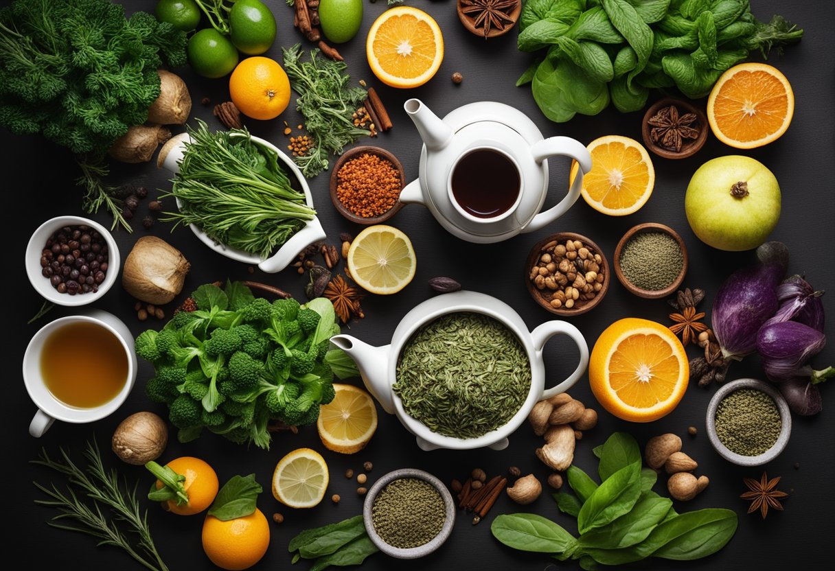 A table with various herbs and spices, a teapot, and a cup of steaming tea, surrounded by fresh fruits and vegetables