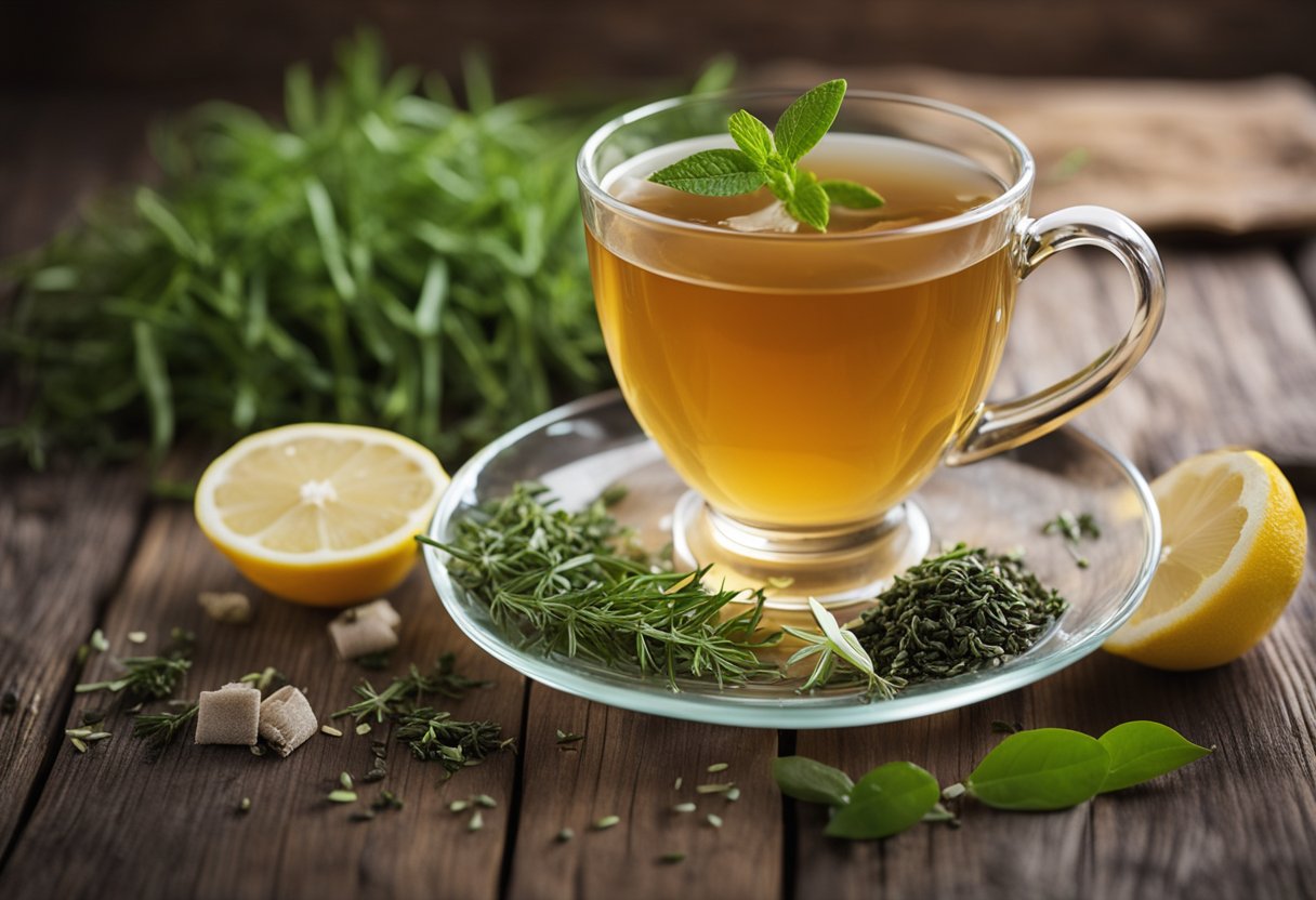 A steaming cup of FitTea Detox Tea sits on a wooden table surrounded by fresh herbs and a lemon slice. The tea bag dangles from the cup, releasing a fragrant aroma