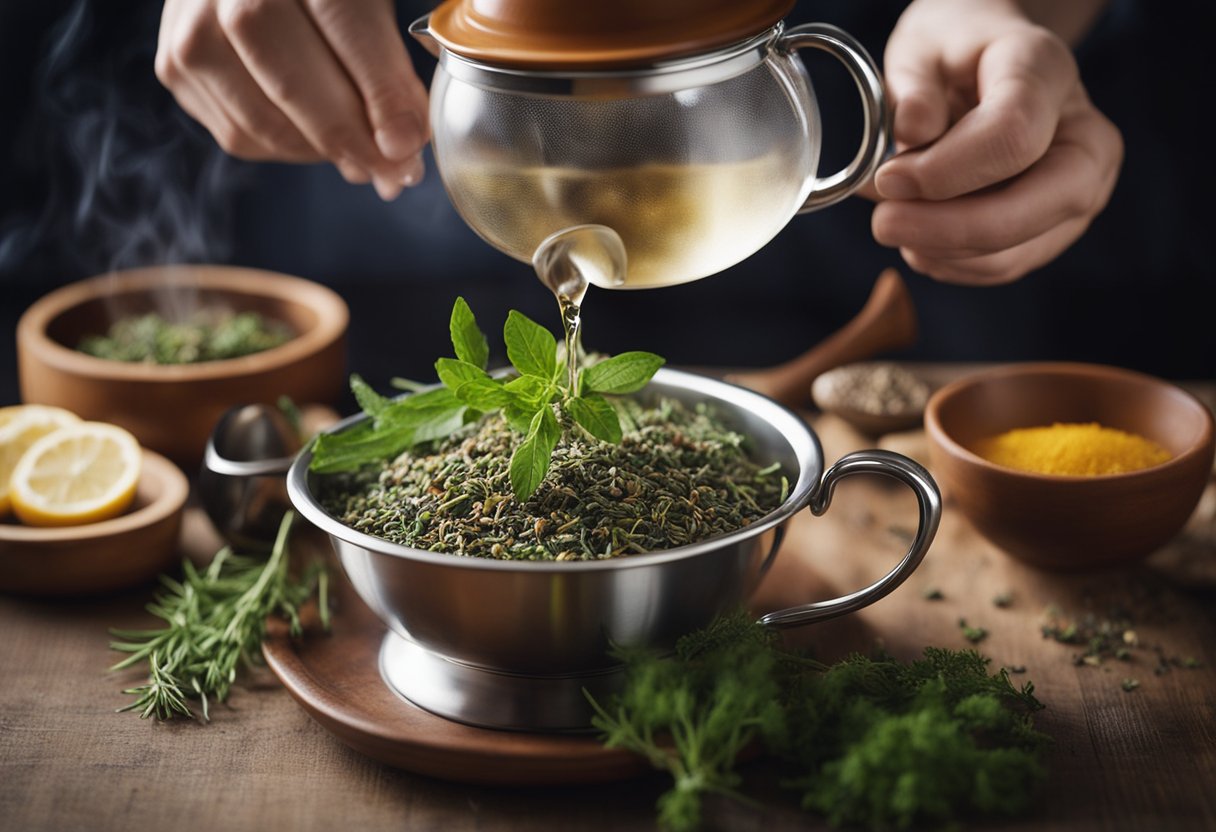 A hand reaches for a teapot, pouring hot water over a blend of herbs and spices in a strainer. The steam rises as the tea steeps, ready to be served