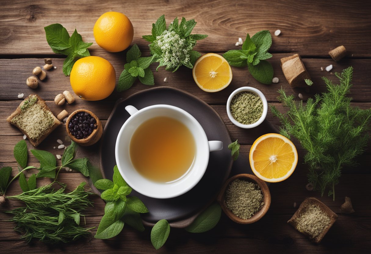 A steaming cup of sugar detox tea surrounded by fresh herbs and fruits on a rustic wooden table