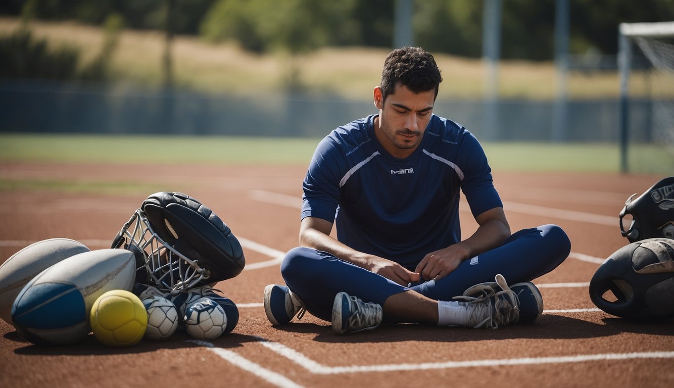 A person sitting alone, surrounded by sports equipment, looking contemplative