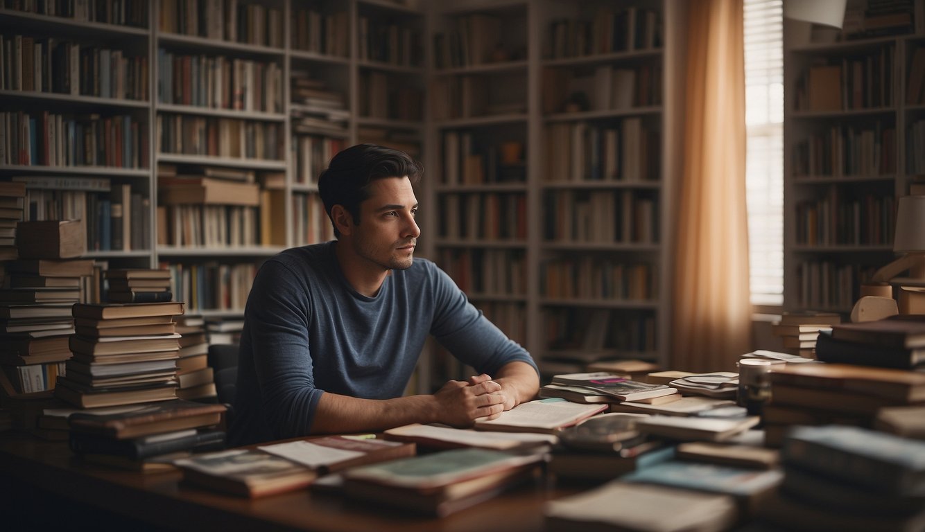 A person sitting in a cozy room, surrounded by books and art supplies, with a thoughtful expression while pondering the question "Is it okay to not like sports?"