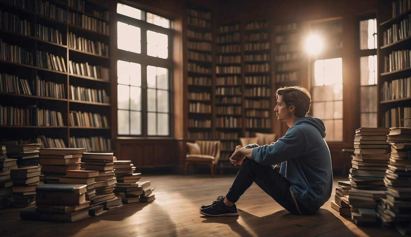 A person sitting alone in a quiet room, surrounded by books and art, with a thoughtful expression, pondering the question "Is it okay to not like sports?"