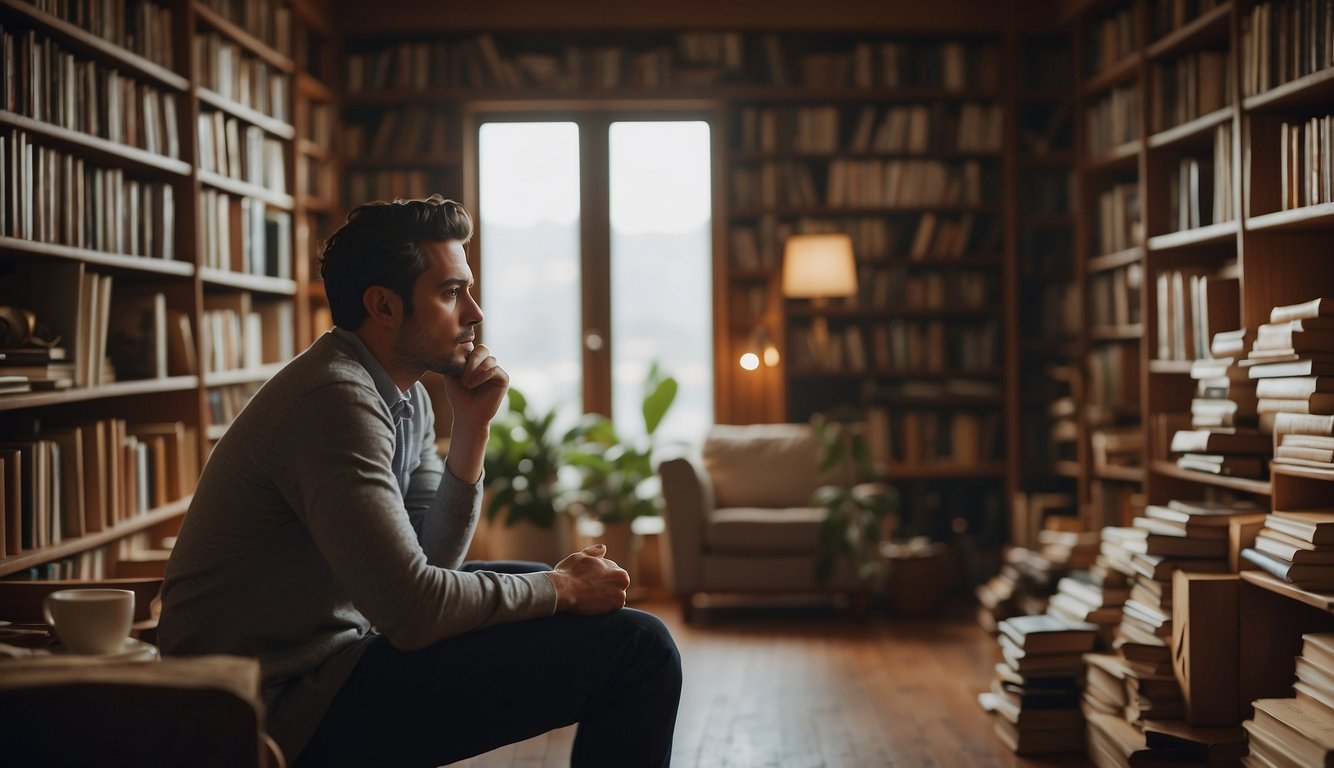 A person sits in a quiet room, surrounded by books and calming decor. They appear deep in thought, with a contemplative expression on their face