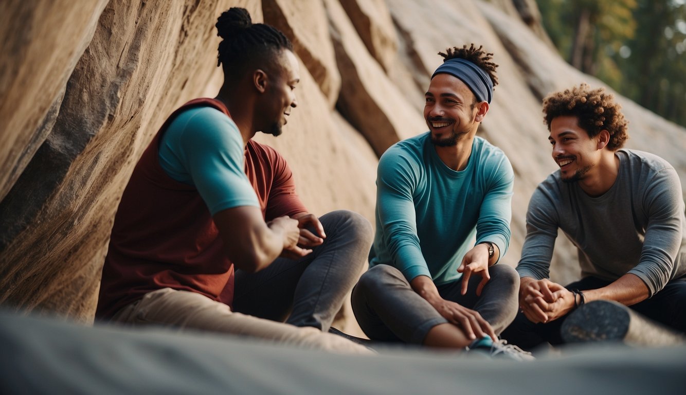 A group of diverse individuals engage in non-traditional sports like rock climbing, yoga, and skateboarding, showcasing the variety of activities available