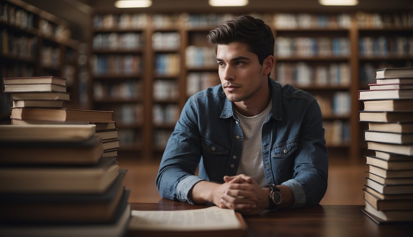 A student sits alone in a quiet library, surrounded by books and studying materials. They look contemplative, with a thoughtful expression on their face, as they ponder the question of whether it's okay to not like sports