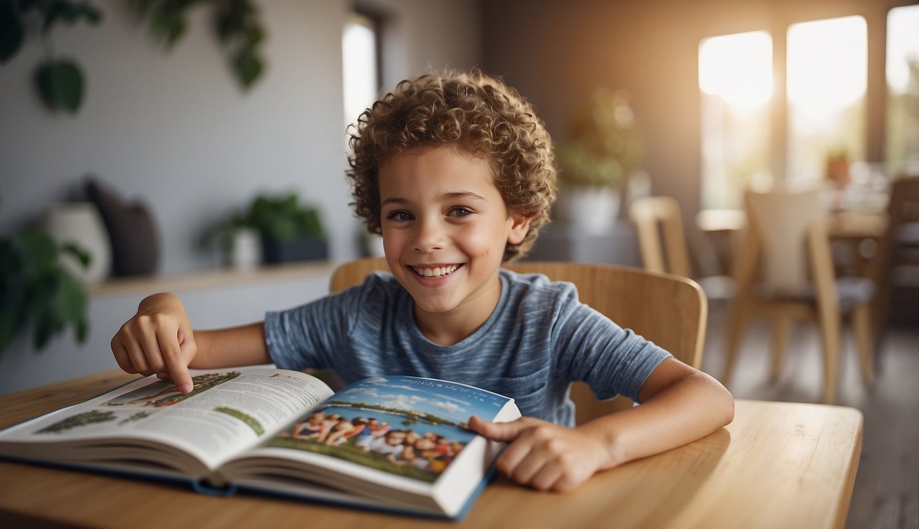 A child sits at a table with a parent, looking at a book about different hobbies. The parent is smiling and pointing to the section about non-sport activities