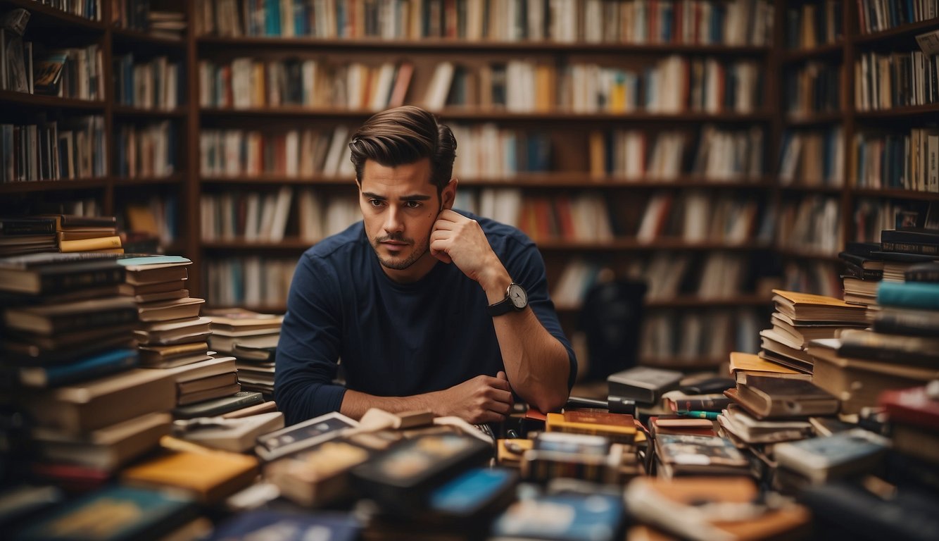 A person surrounded by books, art supplies, and musical instruments, pondering their interests and passions