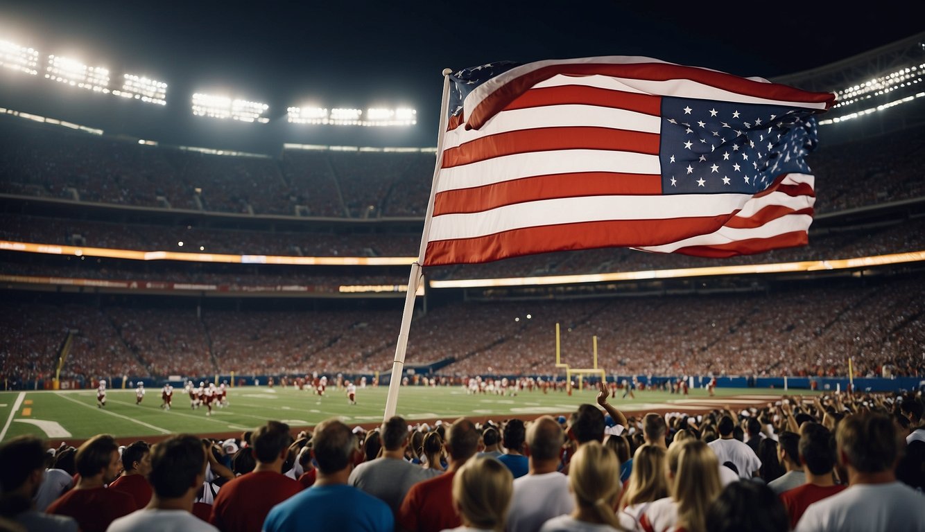 A crowded stadium with cheering fans, giant screens, and players on the field. American flags and team banners wave in the air