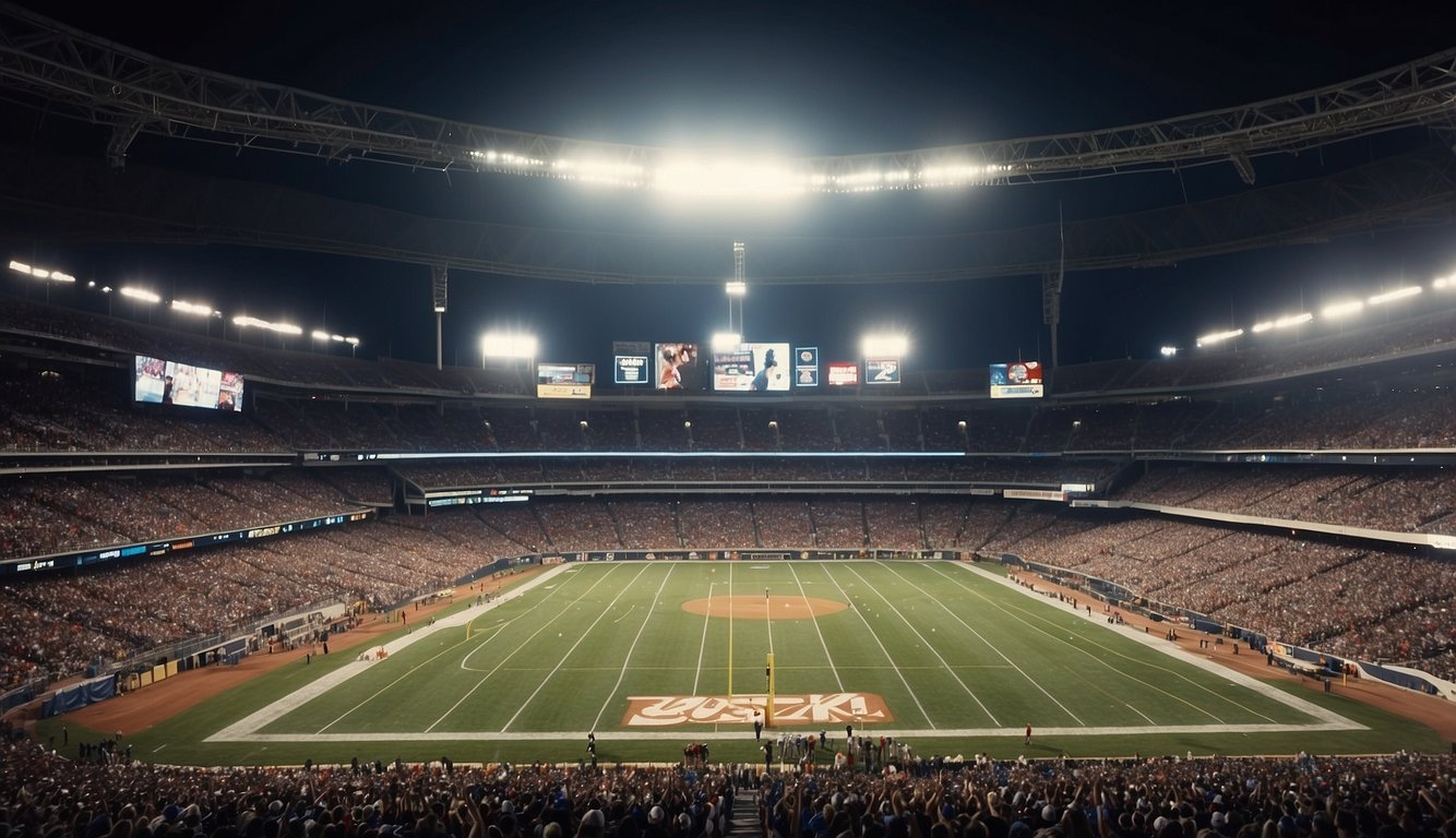 A crowded stadium with various sports equipment and banners, showcasing the evolution and diversity of sports in America