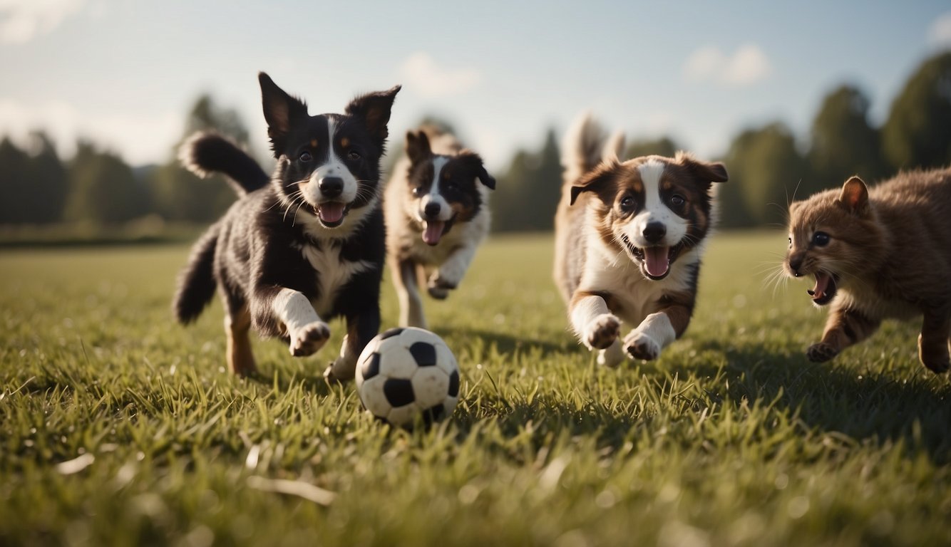 A group of animals playing with a ball in a field. Some are jumping, others chasing the ball, and a few are trying to catch it with their mouths