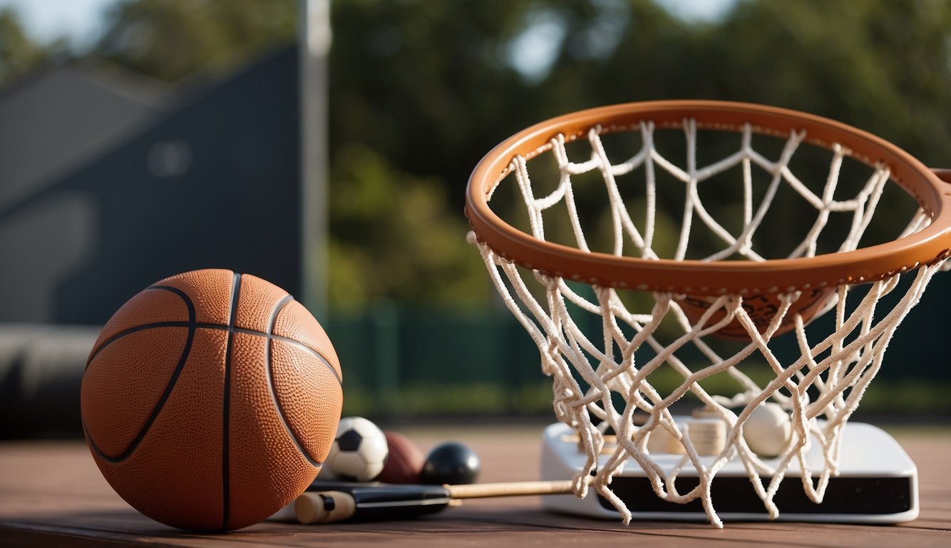 A basketball hoop with a soccer ball, a baseball bat, and a tennis racket lying next to it. A chess board and a deck of cards nearby