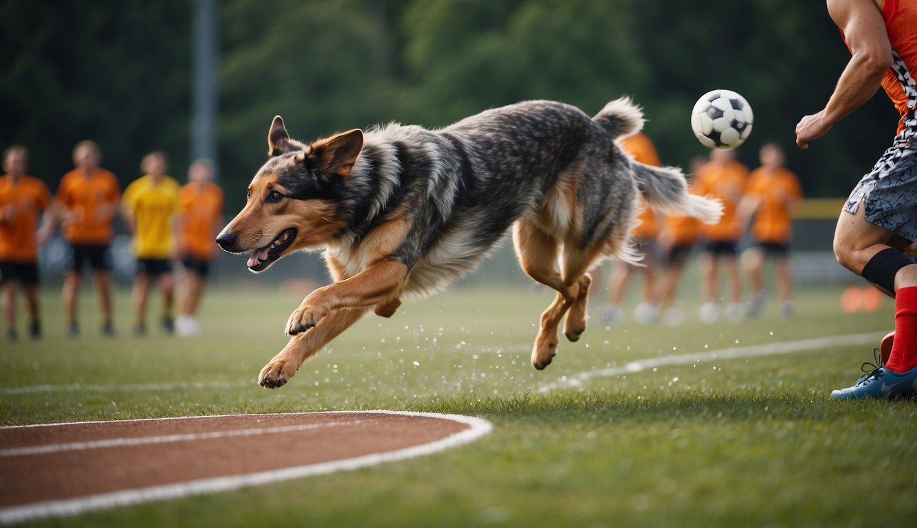 Animals playing soccer, swimming, and racing. Jumping over hurdles and playing catch with a frisbee