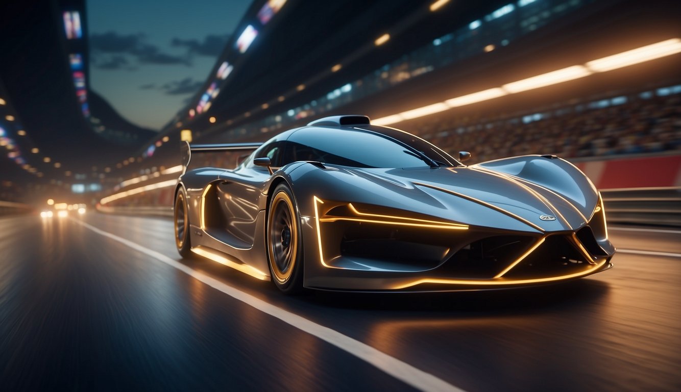 A high-speed race car zooms around a futuristic track, surrounded by sleek, cutting-edge technology and flashing lights