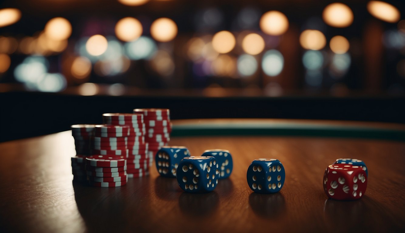 A roulette wheel spinning, a deck of cards being shuffled, and dice rolling across a table in a dimly lit casino