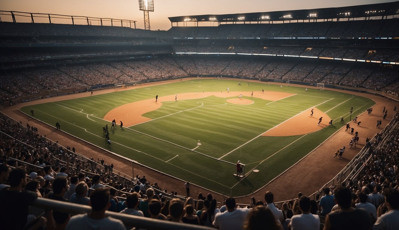 A crowded stadium with cheering fans, a basketball court with players, and a soccer field with goalposts. A baseball diamond with players running bases