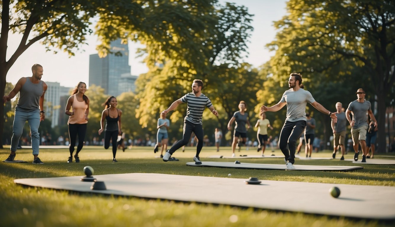 A vibrant cityscape with people playing ultimate frisbee in a park, others skateboarding on a halfpipe, and a group of friends practicing acro yoga on the grass