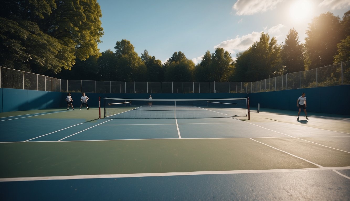 Tennis court with two players, a track with runners, a table tennis match, a taekwondo sparring, and a triathlon swim start