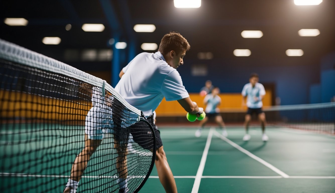 Players hitting tennis, table tennis, and badminton balls over nets on colorful courts