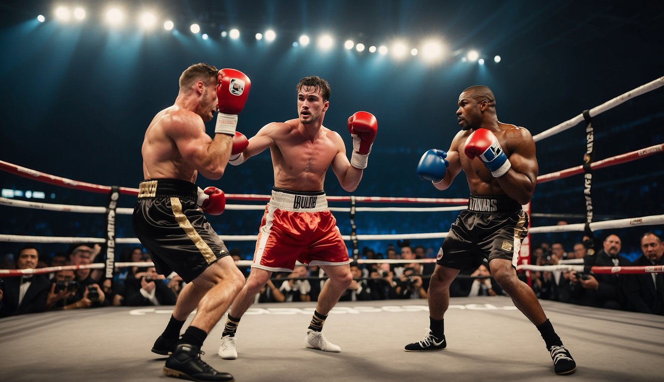 Two boxers in a ring, throwing punches. The crowd cheers as the fighters clash in the center of the arena