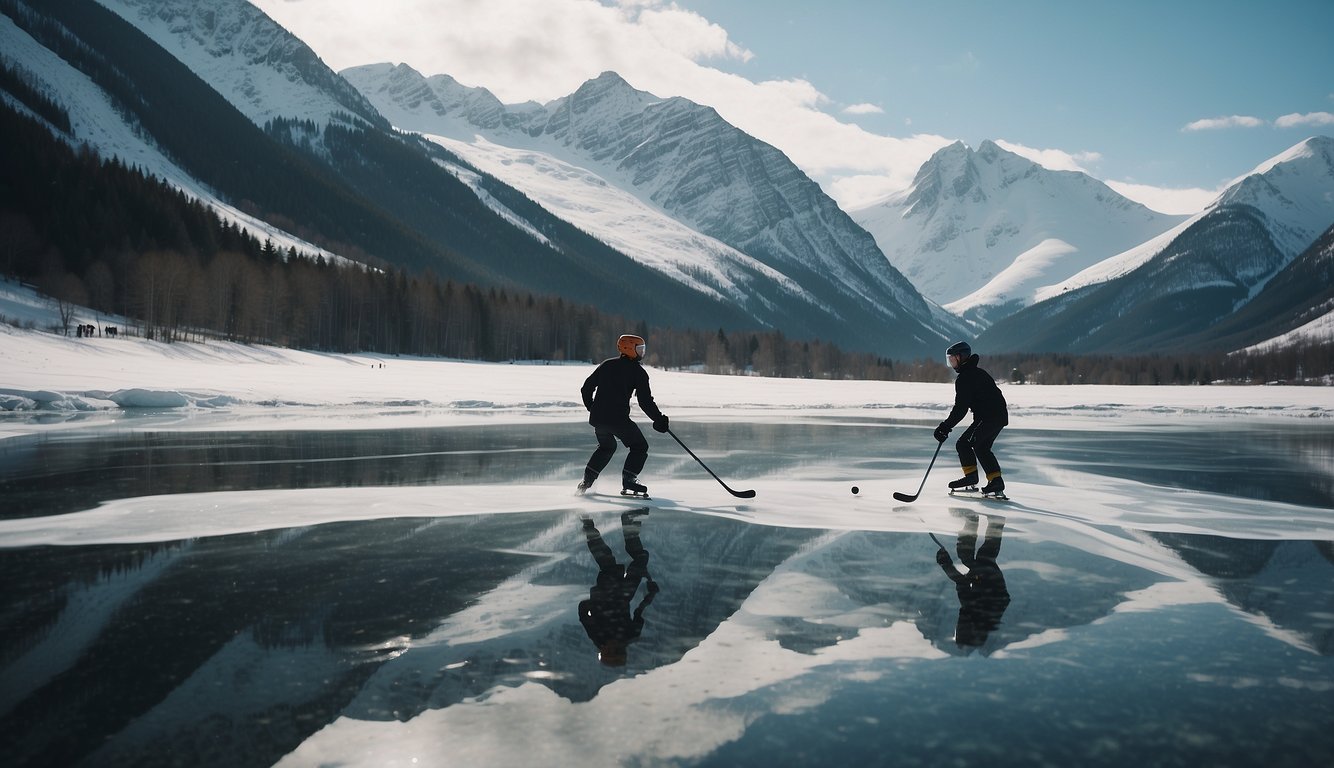 Snow-covered mountains, a frozen lake, and people playing ice hockey and snowboarding