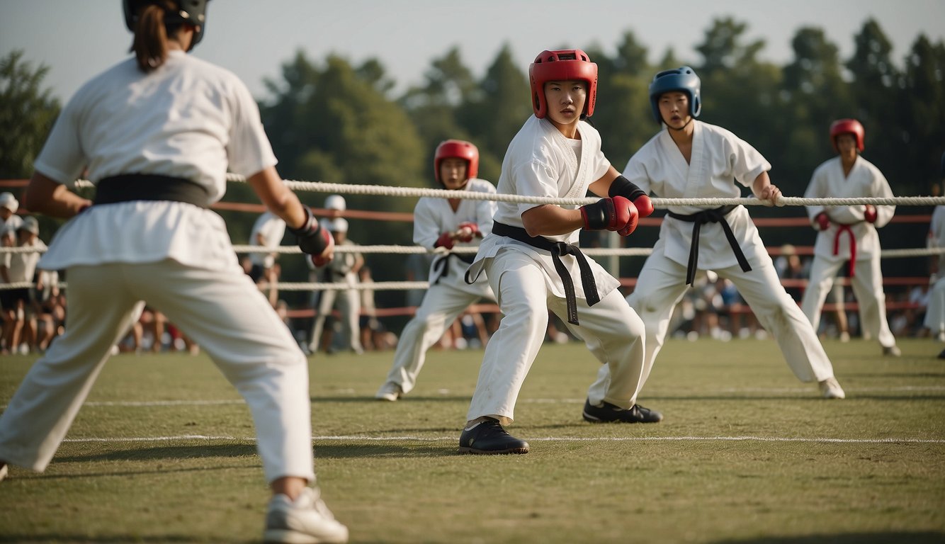 Traditional sports: tug-of-war, taekwondo, and tennis. A field with participants engaged in each sport, showcasing their unique cultural elements