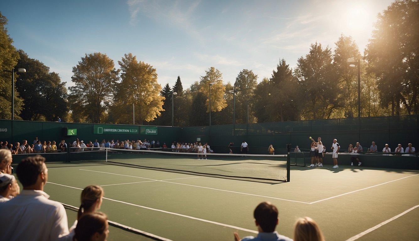 A tennis court with players serving, surrounded by spectators and coaches, with a scoreboard displaying the current score