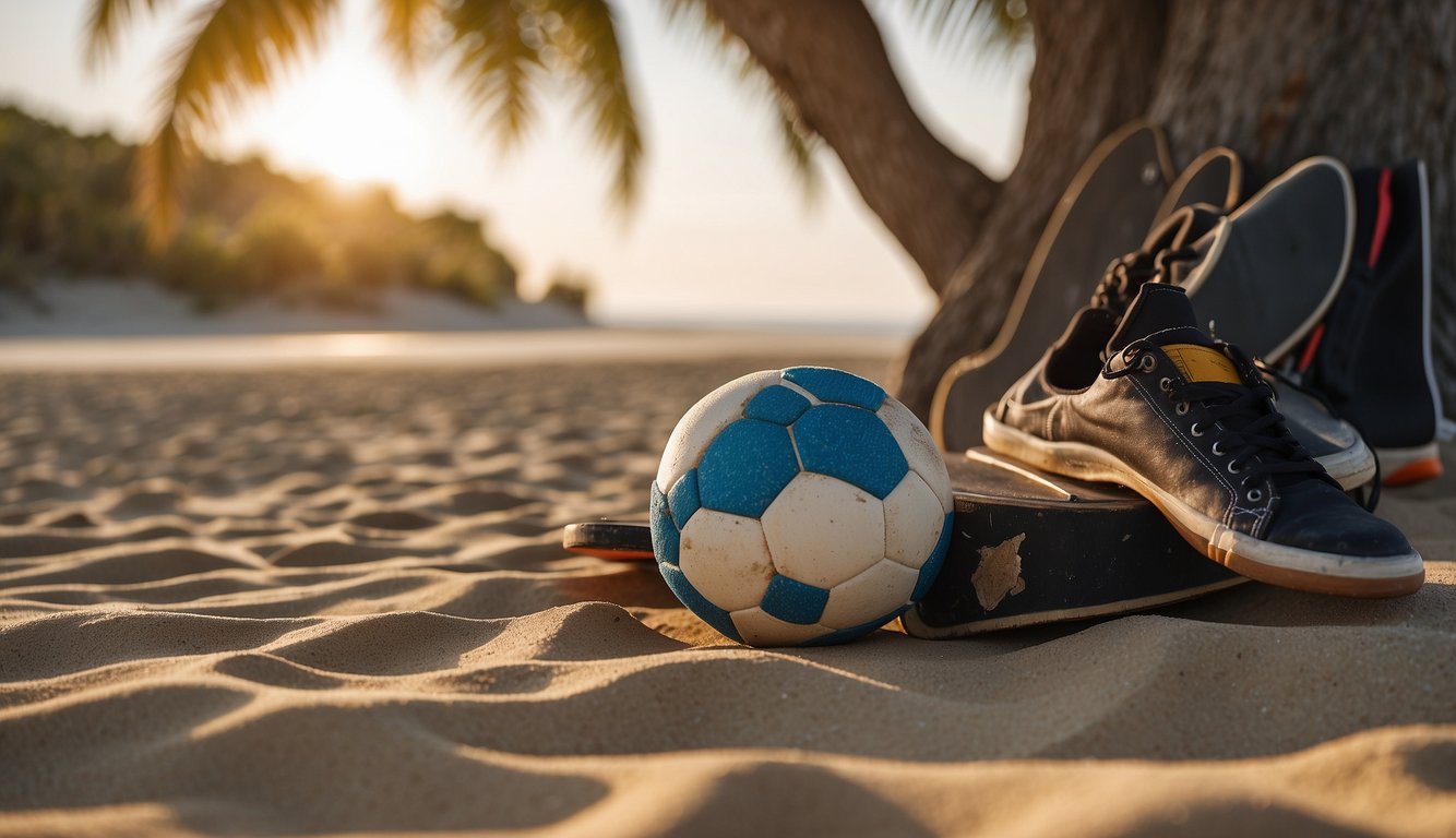 A soccer ball, a surfboard, and a skateboard lay scattered on the sandy beach. A tennis racket and a softball glove rest against a nearby tree