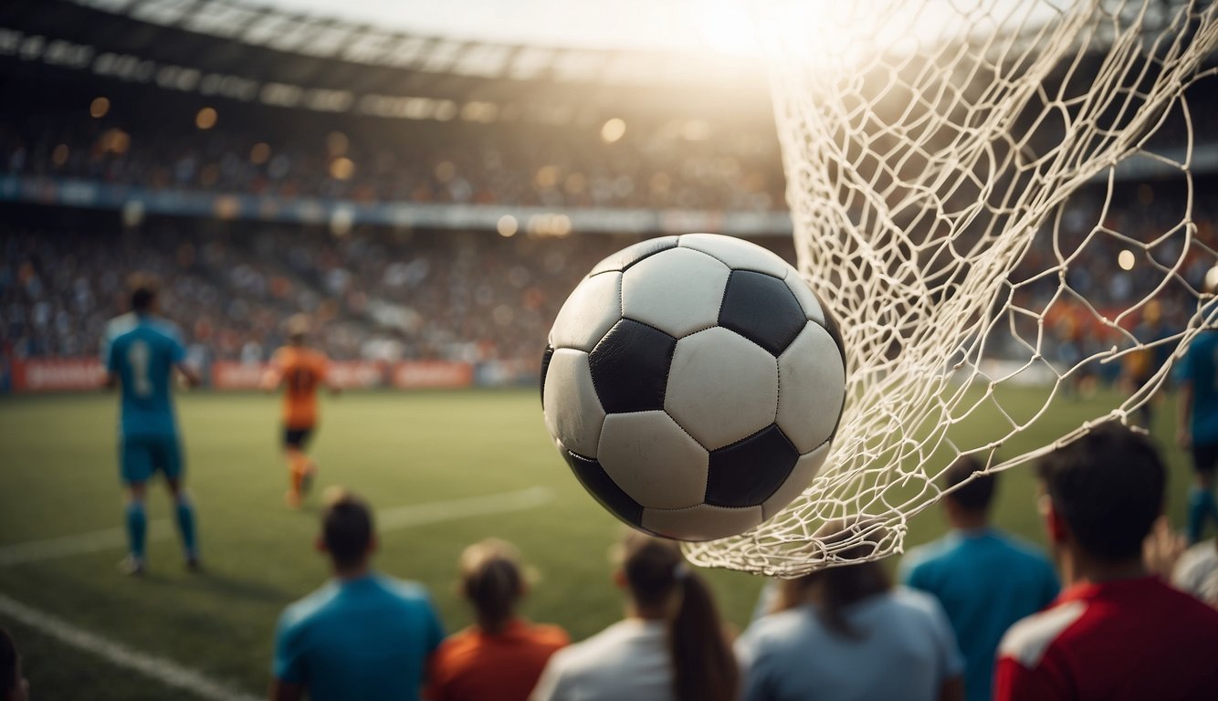 A soccer ball flying into the net, surrounded by cheering spectators