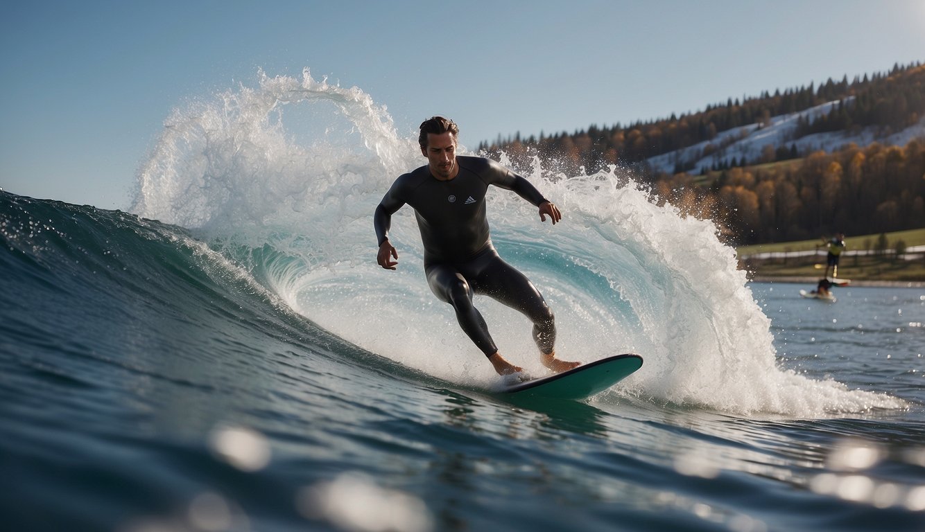 A soccer ball soaring through the air, a swimmer slicing through the water, a skier racing down a snowy slope, and a surfer catching a wave