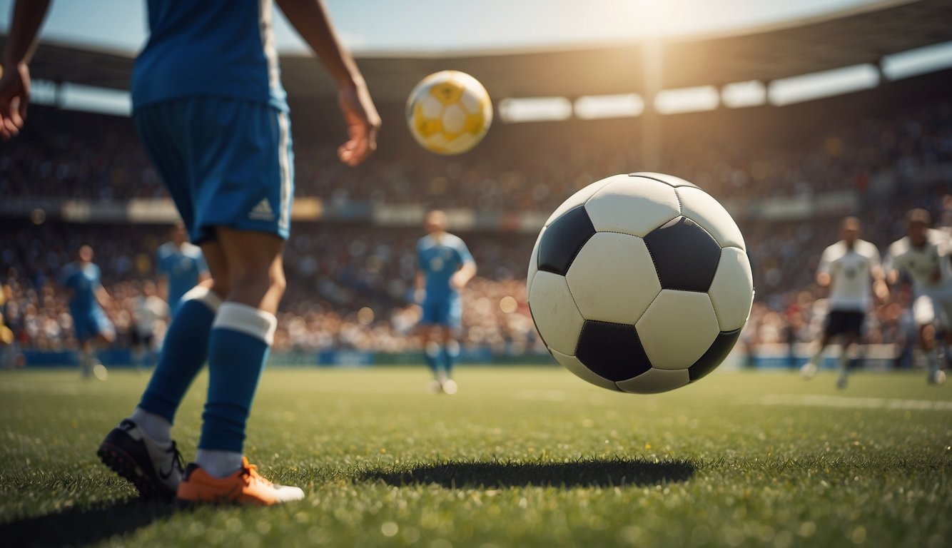 A soccer ball flying into the net, surrounded by cheering spectators and players on a sunny day