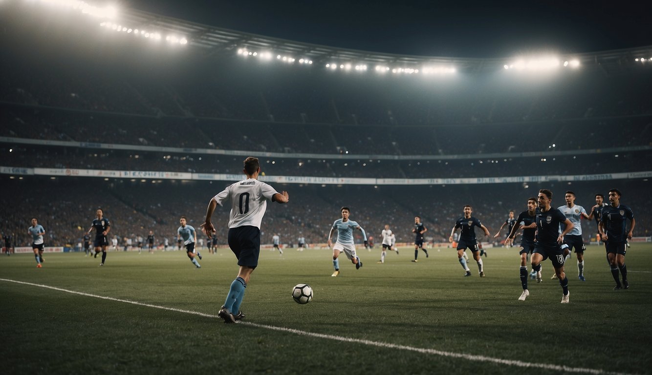 A soccer game in a stadium, with spectators cheering and players running on the field