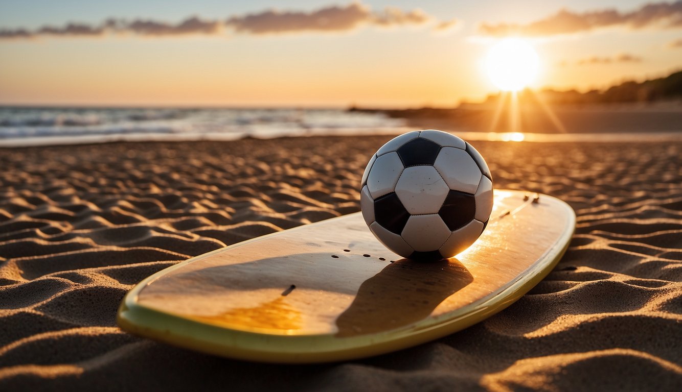 A soccer ball, a surfboard, and a skateboard lay scattered on a sandy beach, with the sun setting in the background