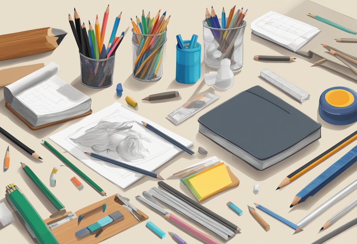 A table with various drawing tools and materials spread out, including pencils, erasers, sharpeners, paper, and a reference photo of a nose