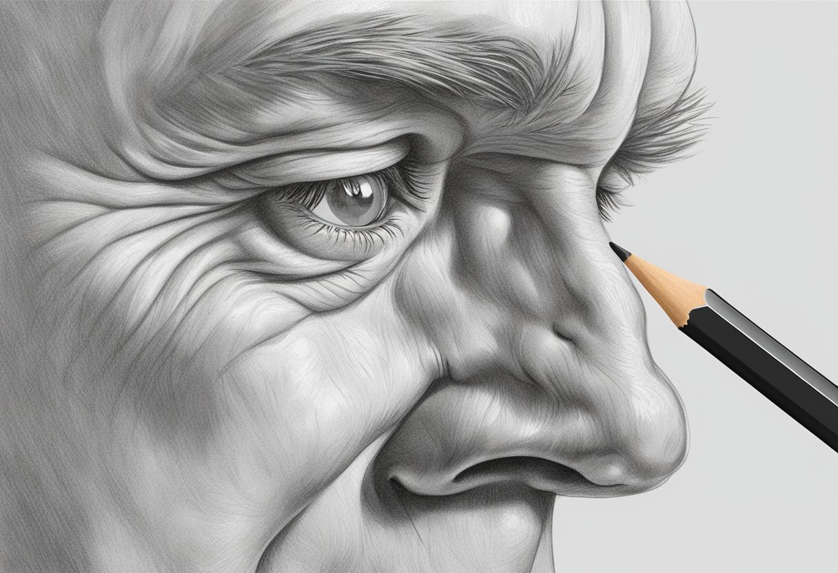 A pencil sketching a detailed, realistic nose with shading and contour lines. An eraser nearby corrects any mistakes