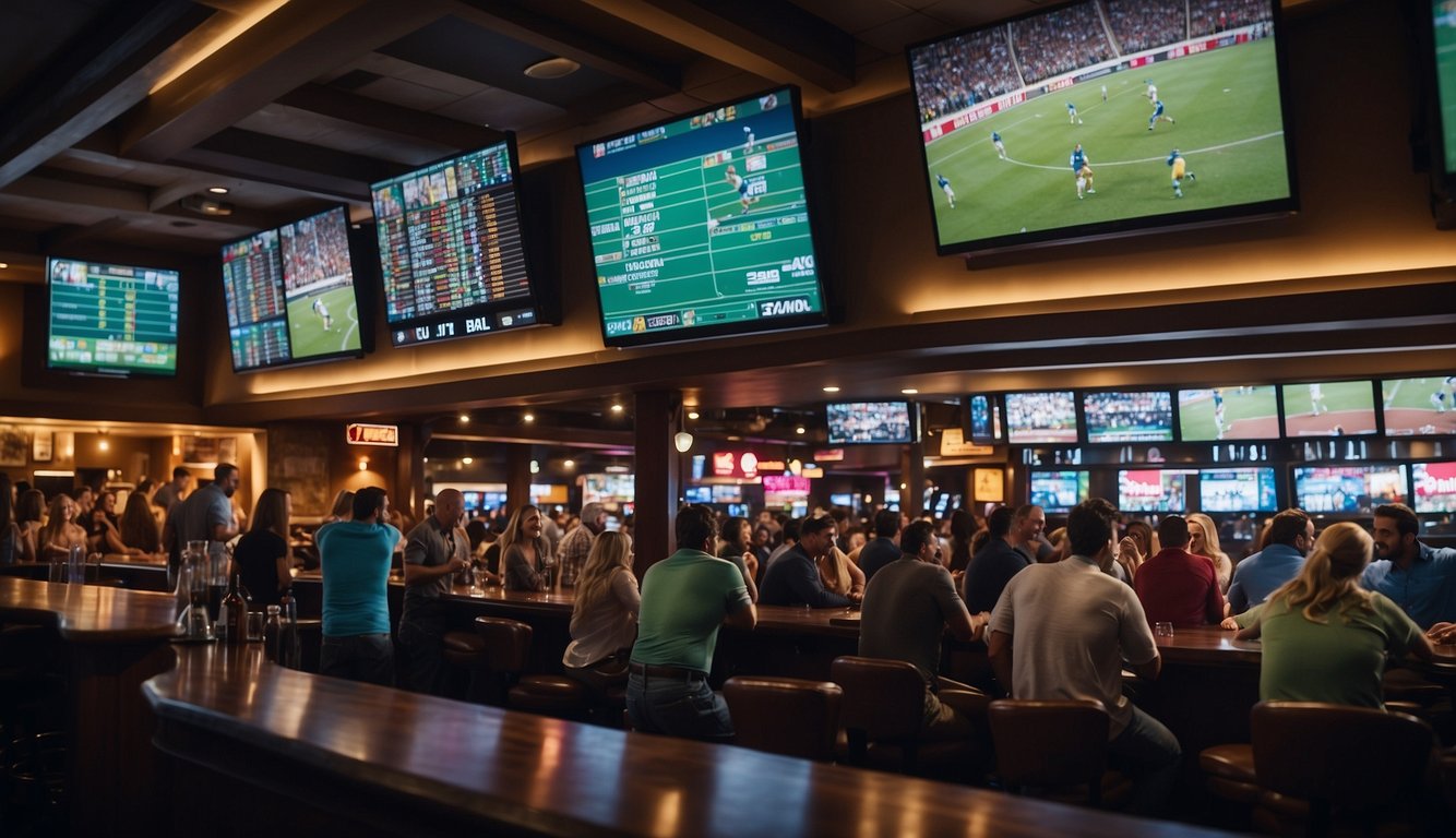 A bustling sports bar with multiple screens displaying odds and games, surrounded by enthusiastic patrons placing bets and cheering for their teams