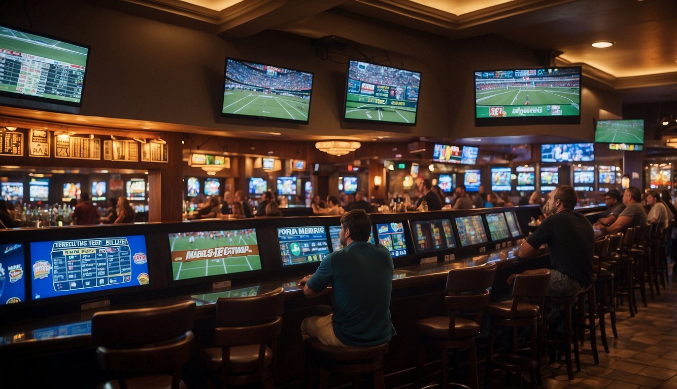 A bustling sports bar in Texas with multiple screens displaying live games, a crowd of enthusiastic fans placing bets at the counter, and a bookmaker updating the odds on a digital board