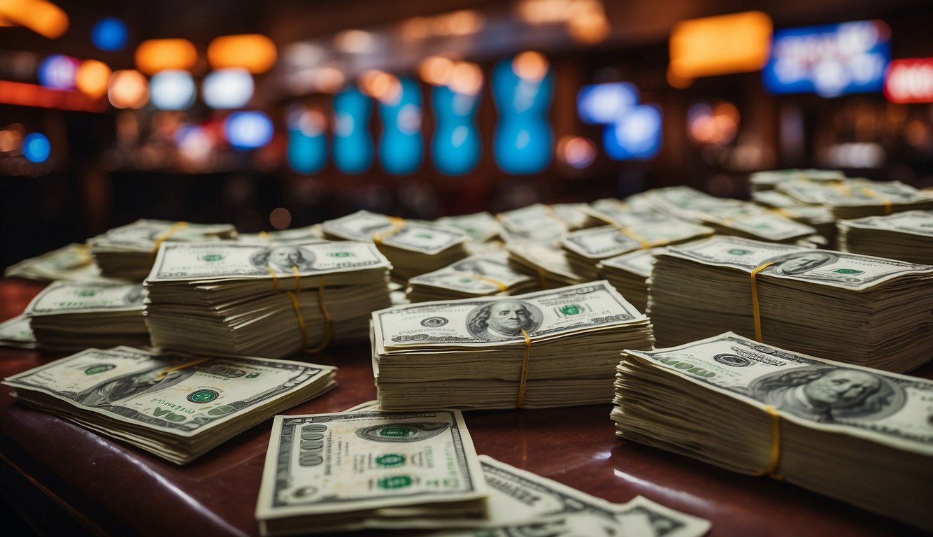 A Texan sportsbook with stacks of cash, bonus offers, and promotional banners displayed prominently