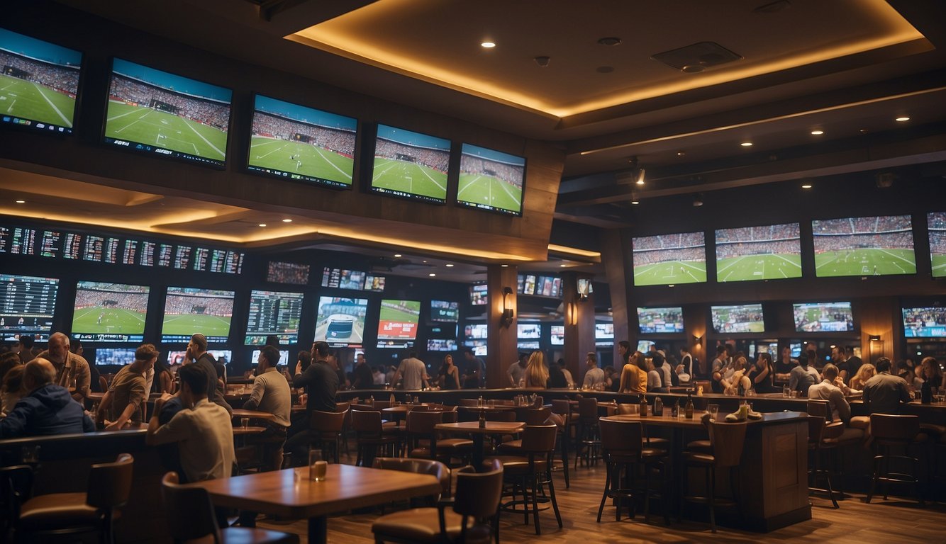 A crowded sports bar with cheering fans, large TV screens displaying significant sports teams and events, and a betting counter with odds displayed