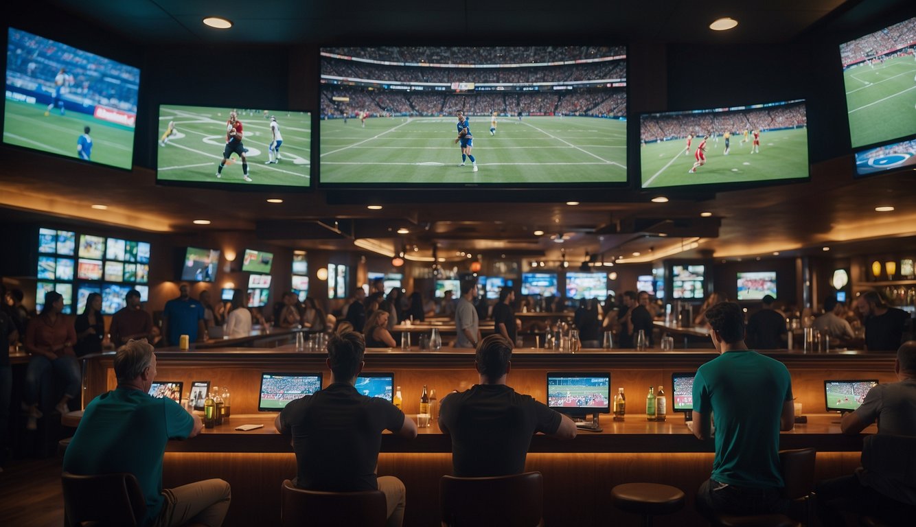 A crowded sports bar with multiple TV screens displaying various sports games. Patrons are placing bets at the counter and on their mobile devices