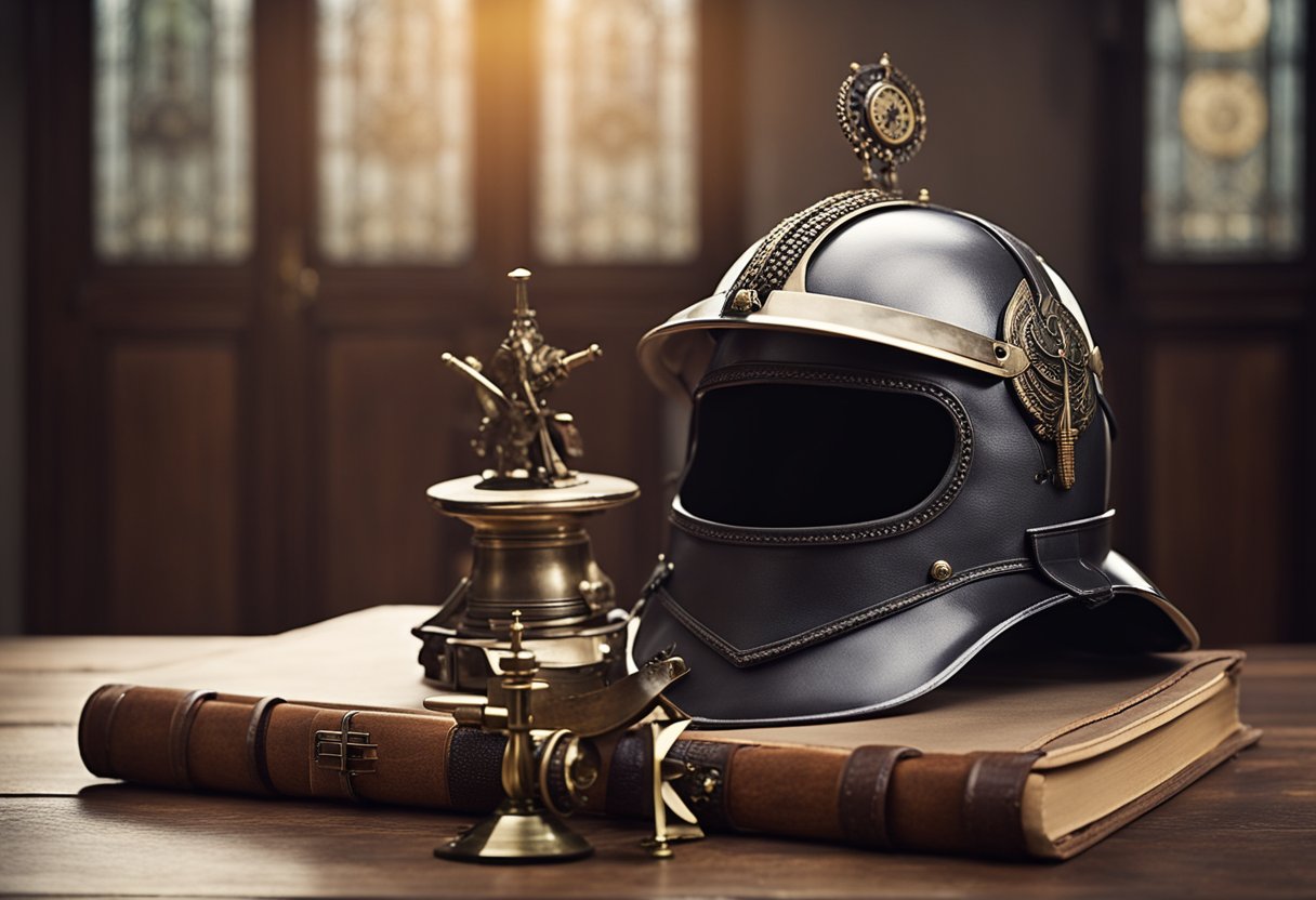 A table with a helmet, breastplate, belt, shield, and sword. A journal and pen for reflection and prayer. A clock displaying morning time