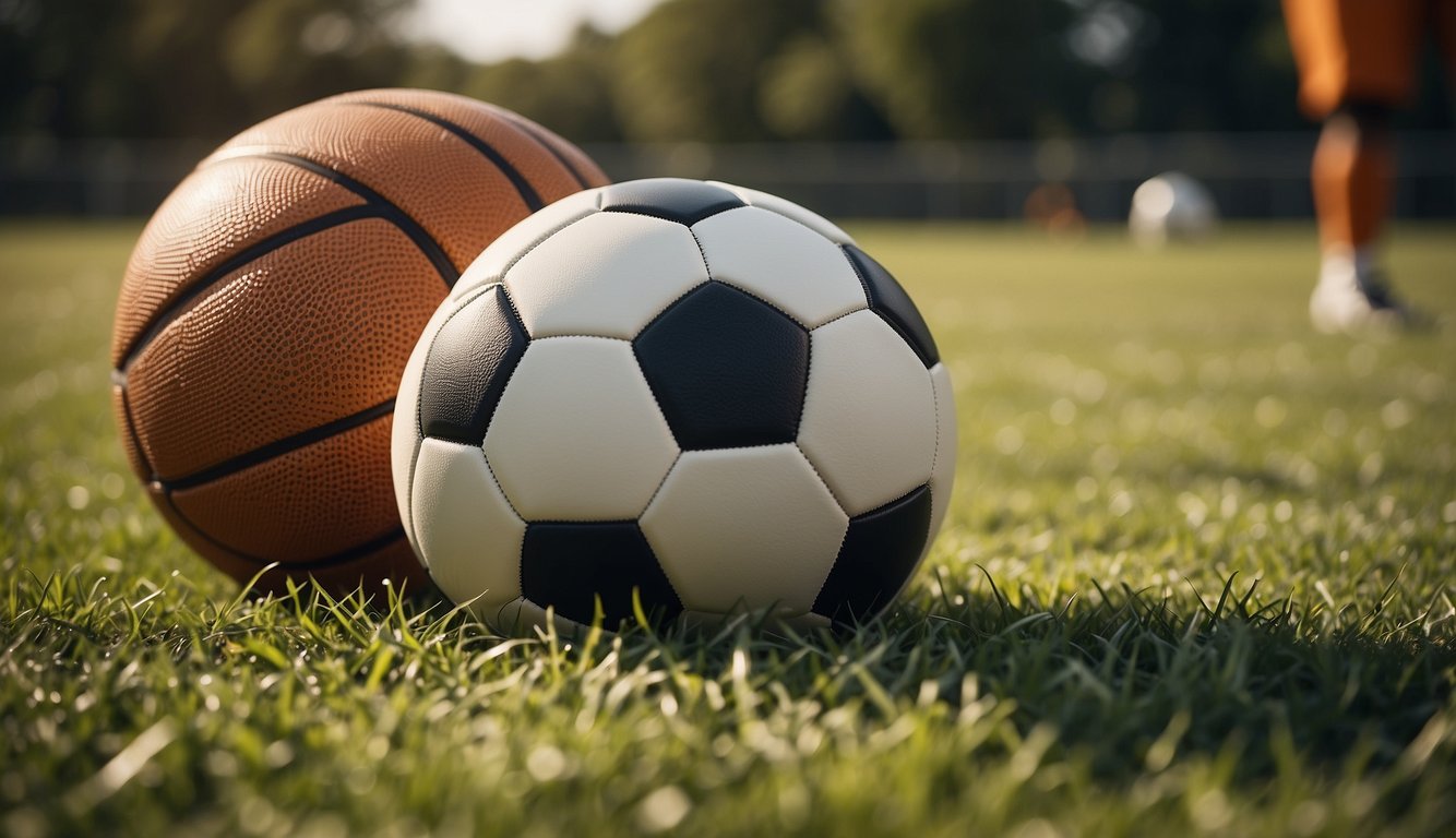 A soccer ball and a basketball sit side by side on a grassy field