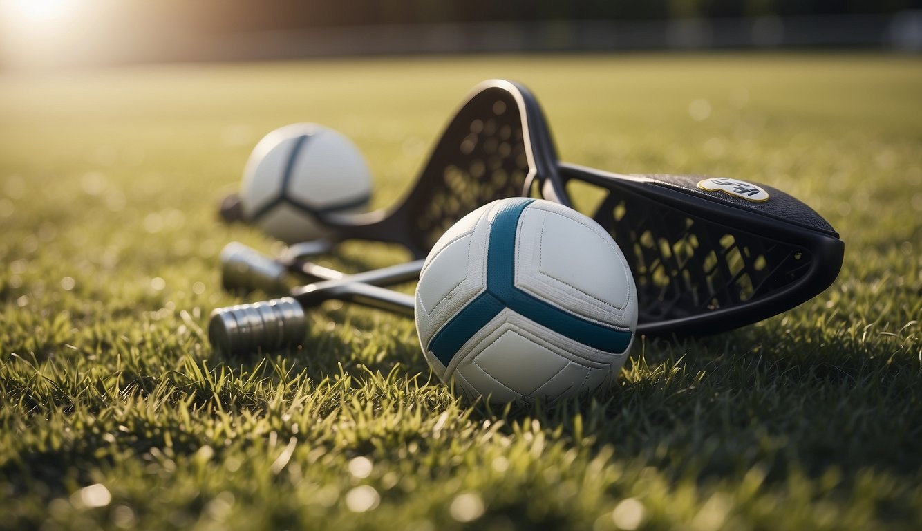 Athletic equipment scattered on a grassy field under the bright sun