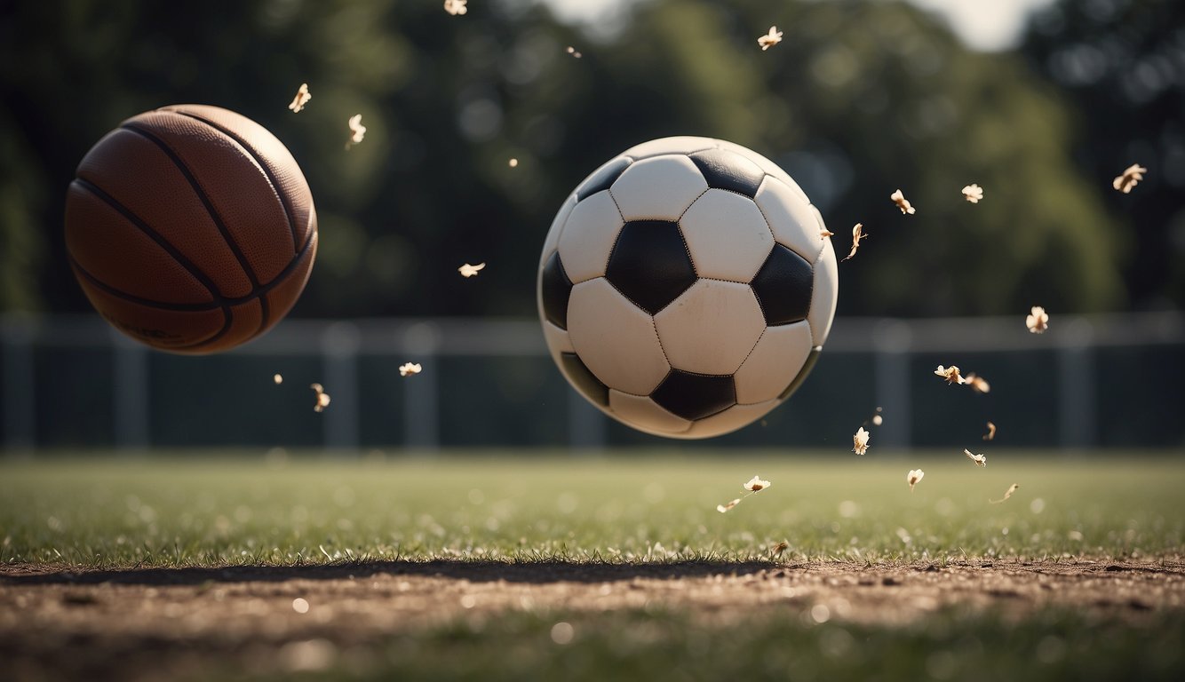 A soccer ball flying through the air, a basketball hoop with a player shooting, a cricket bat hitting a ball, and a rugby ball being passed