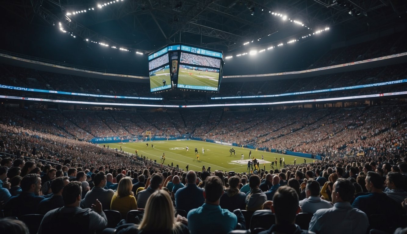 A crowded sports arena with cameras, microphones, and screens. Fans cheer and players compete, while journalists report and communicate