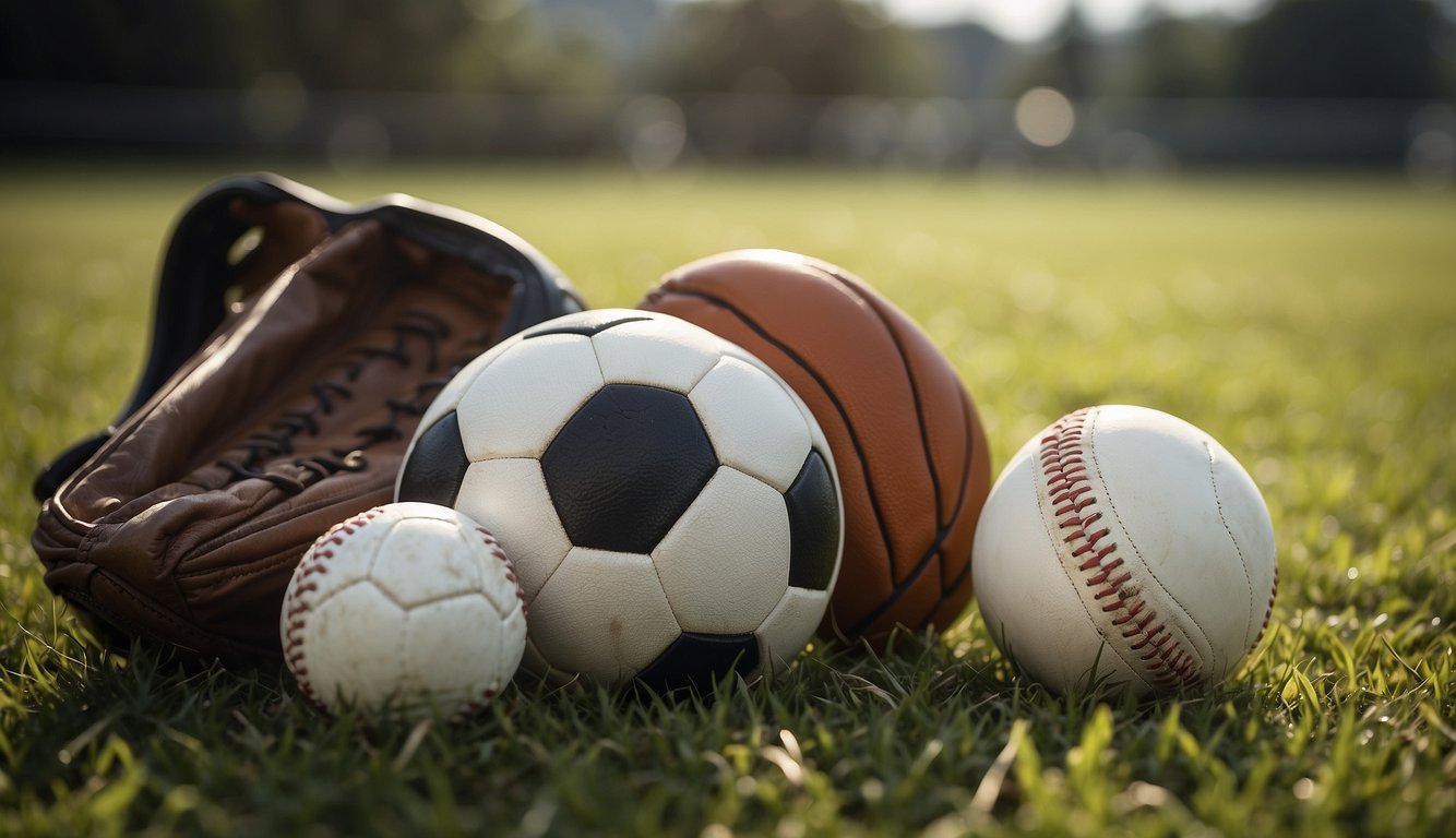 Various sports equipment scattered on a grassy field. A soccer ball, basketball, tennis racket, and baseball glove are among the items